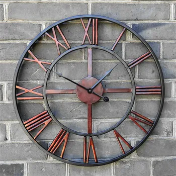 

47cm 3D Circular Retro Roman Wall Clock Wrought Hollow Iron Vintage Large Mute Decorative Wall Clock Home Wall Decoration