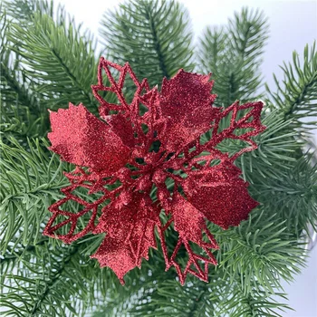 

10 Pcs Christmas Poinsettia Glitter Flower Hollow Tree Hanging Decoration for Home Party KSI999