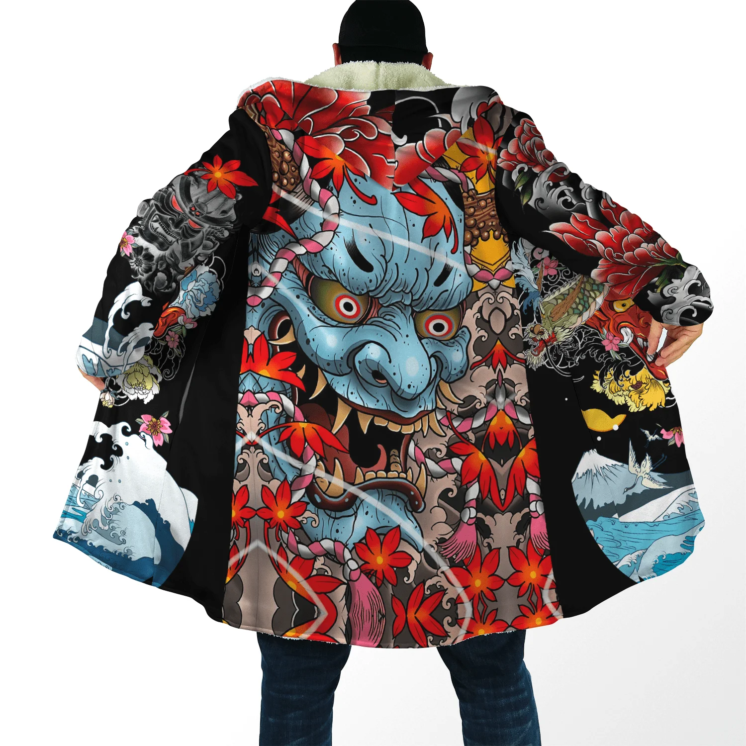 Drop shipping Winter Mens Cloak Samurai Oni Mask Tattoo 3D Printing Fleece Hooded cloak Unisex Casual Thick Warm Cape coat PF32 retail wholesale western mens plating metal belt buckles in high quality cowboy belt buckle suit for 4 cm belts drop shipping