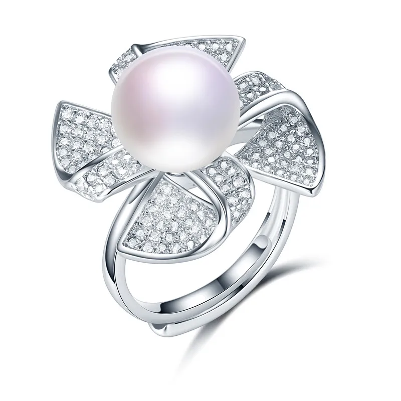 White Rotatable Windmill Genuine Natural Pearl Ring, 925 Sterling Silver Rings for Women Wedding Ring Wedding Rings Silver 925 Jewelry - Gem Color: White