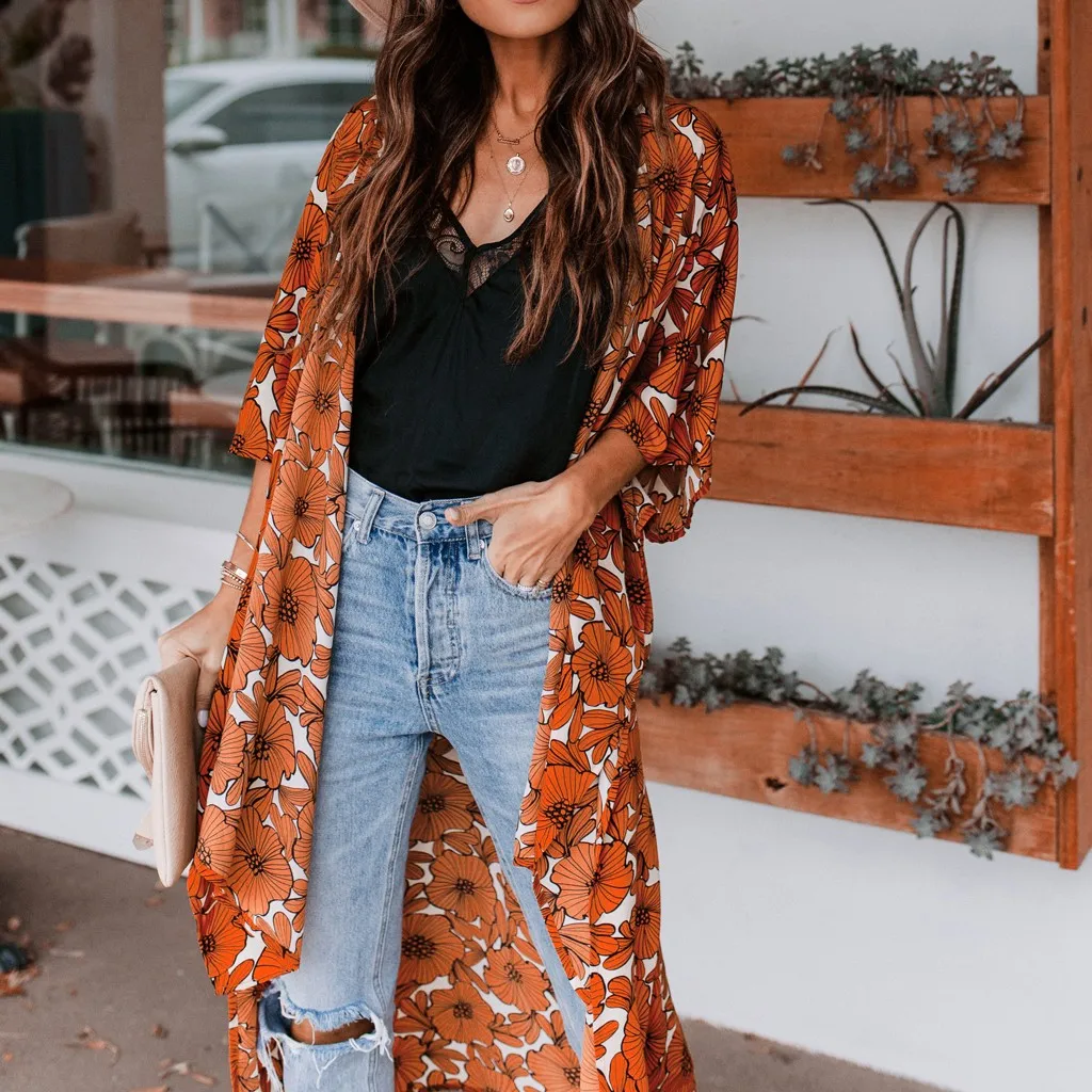 Plus Size Blouse Women Vintage Kimono Cardigan Chiffon Cover Up Tops Summer Beach Flower Print Long Clothes | Женская одежда