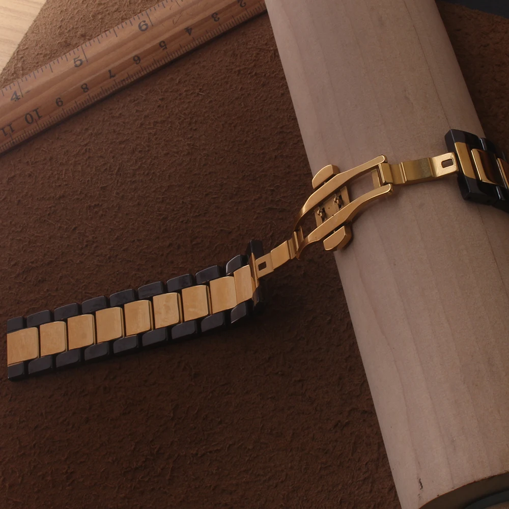 Высококачественный ремешок для часов, керамический ремешок, металлическая застежка, 18 мм, 20 мм, 22 мм, черный с золотом, розовое золото, для мужчин, женские часы, браслет, аксессуар