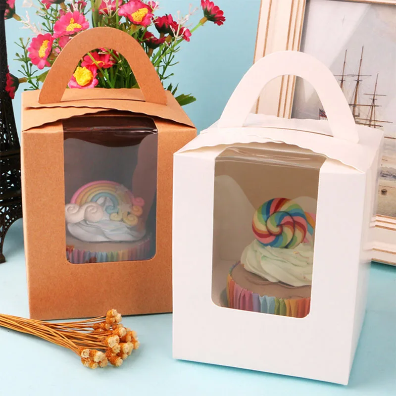 Description Picture 4 of item6Pcs Muffin Pastry Cake Box with Handle Cardboard Paper Cupcake Box Cake Packaging Box Festival Party Decoration Supplies