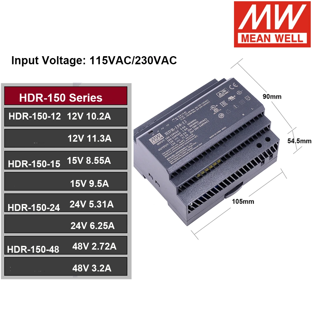 Бренд MEAN WELL представляет HDR 150 85 264VAC переменного тока в постоянный 12V 15V 24V 48V Meanwell