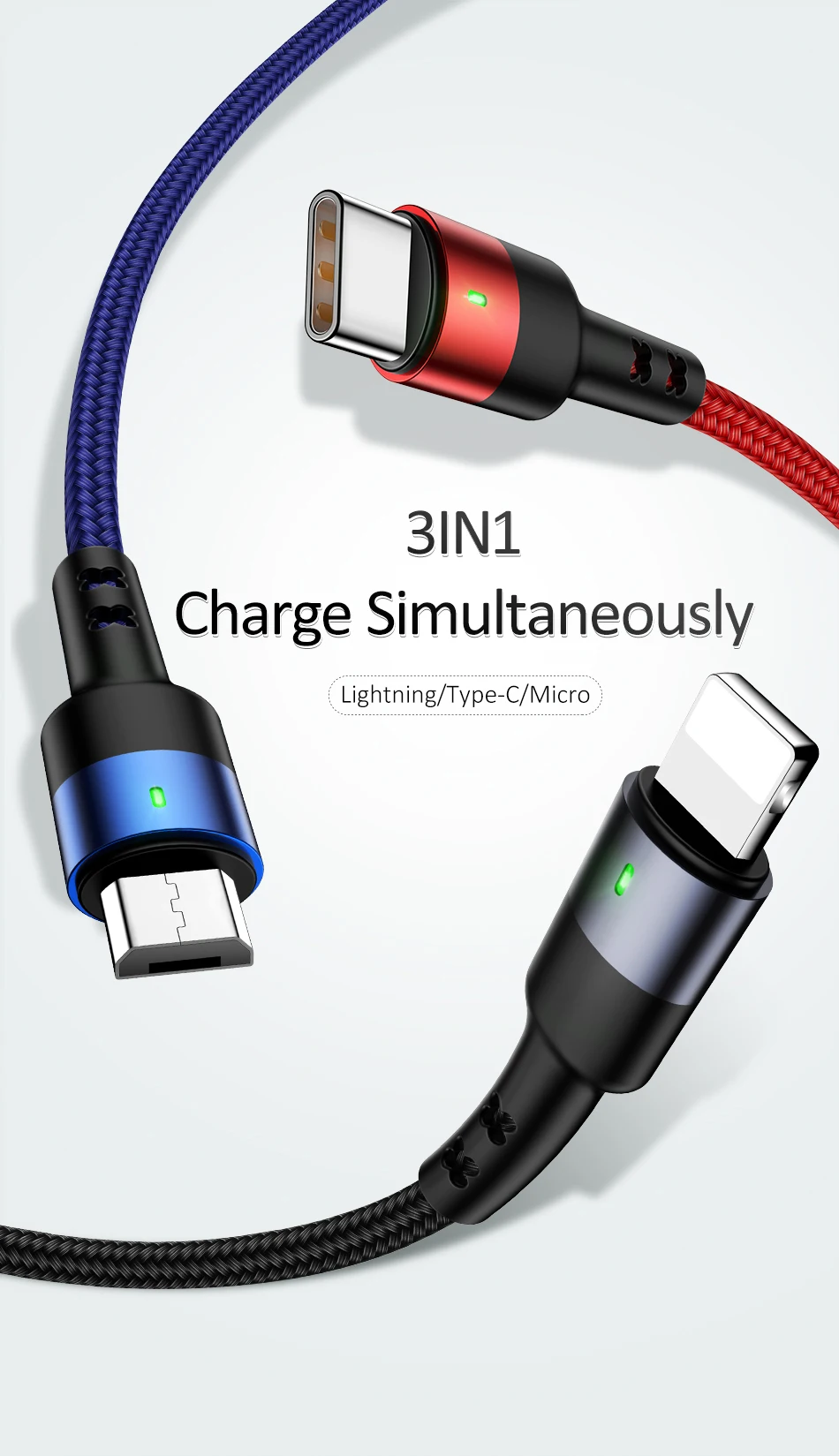 3 в 1 USB кабель для iPhone X 8 7 6 6S Plus Micro USB для Xiaomi type-C кабель для samsung S9 S8 зарядный кабель 2A шнур зарядного устройства