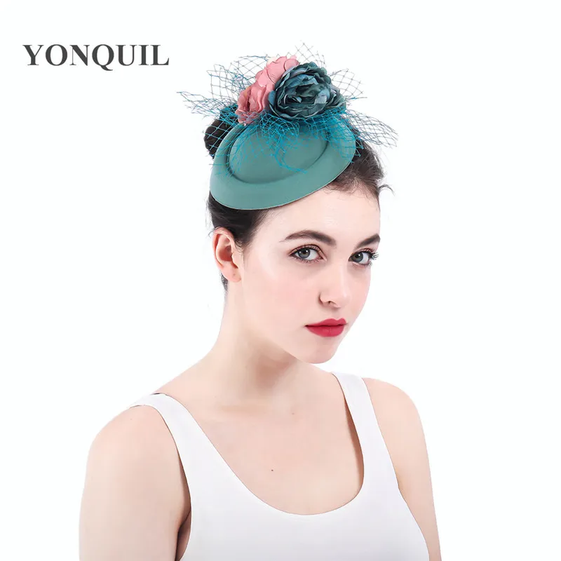 mid turquoise Зимняя шерстяная фетровая Женская фетровая Кепка с вуалью, модный чародей, винтажная Коктейльная Дамская Шляпка, цветок, шикарный головной убор, заколка для волос - Цвет: mid turquoise