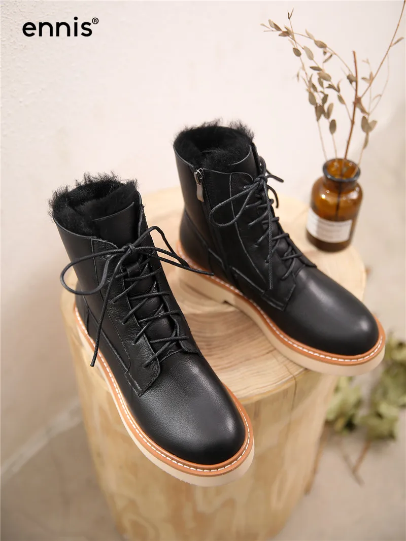 ENNIS/зимние ботинки женские ботинки из натуральной кожи на шнуровке ботинки на платформе с натуральным мехом Теплые ботильоны на плоской подошве розового цвета цвет черный, белый, A9358