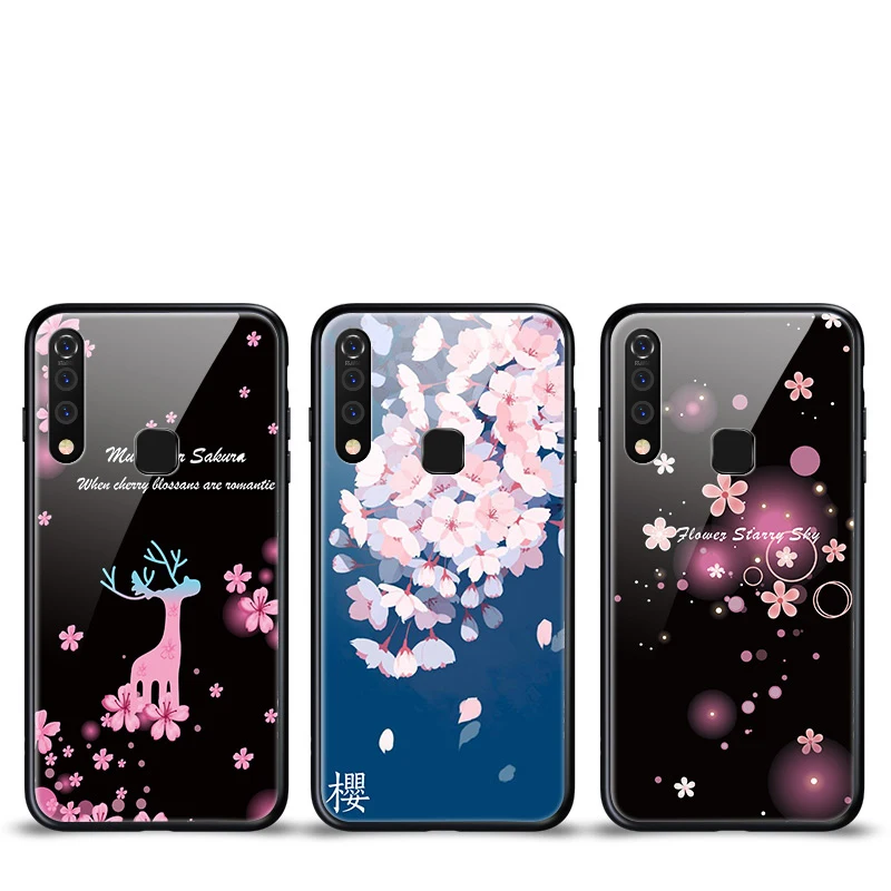 

Tempered Glass Phone Case For VIVO Z5X Z1 Pro Y3 Y17 Luxury Cherry Blossoms Back Cover