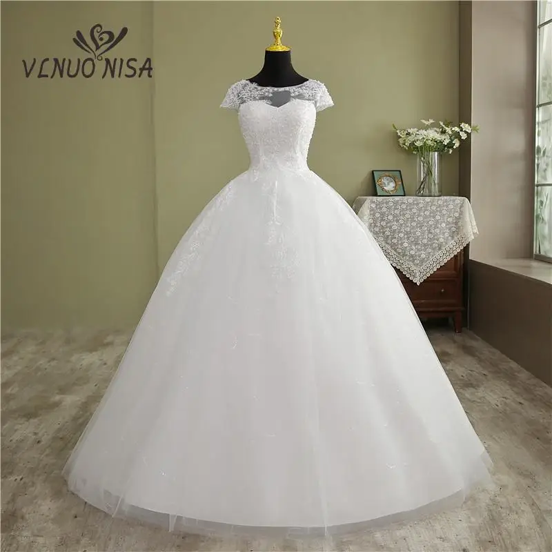 

Vlnuo Nisa Real Video New Fashion O Neck More Pearls Plus Size Wedding Dress With Sleeve Long Lace Appliques Vestido De Novia