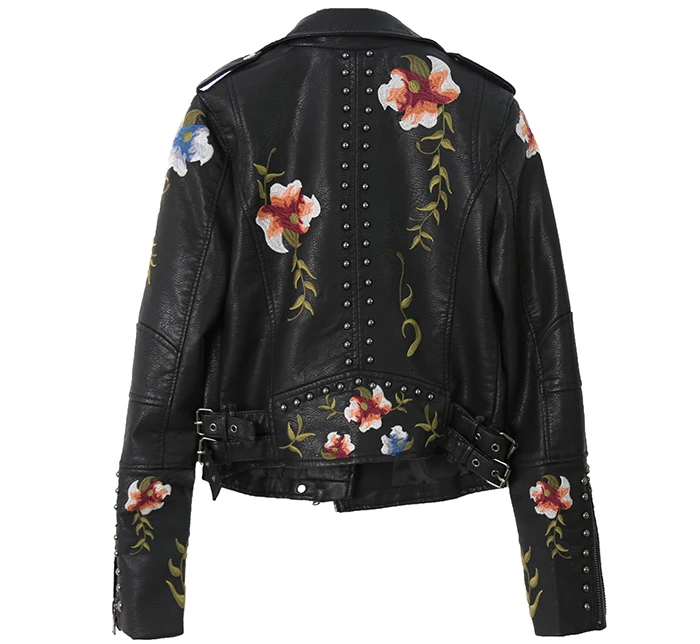 Chaqueta de cuero Pu con bordado de flores para mujer, vuelto, remache, cremallera, abrigos de negros, Tops, ropa de moda, primavera y otoño _ - AliExpress Mobile