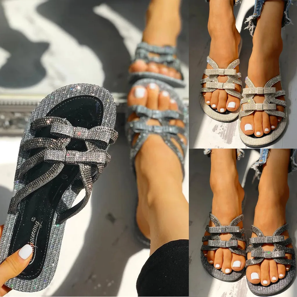 

Fashion Crystal Slippers Women Girls Flat Crystal Bowknot Shoes Woman Casual Sandals Slippers Buty Damskie Beach Shoes 2020