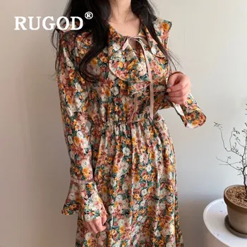 

RUGOD new spring elegant floral dress women elegant lace-up v neck flare sleeve tunic dress 2020 casual midi dress vestidos