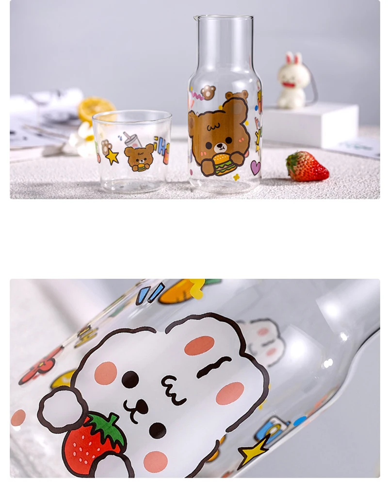 Kawaii Cute Bear Strawberry Glass Cup Set