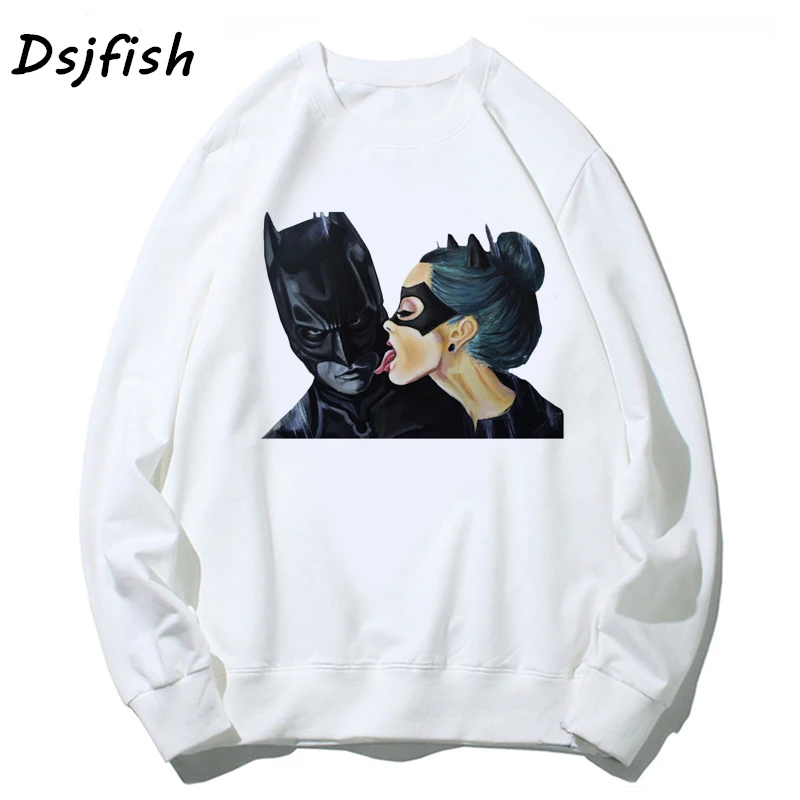 Women hoodies Harajuku White Cartoon Batman and Catwoman kiss hoodie sweatshirts men Vintage Plus Size Female hoody for boy girl