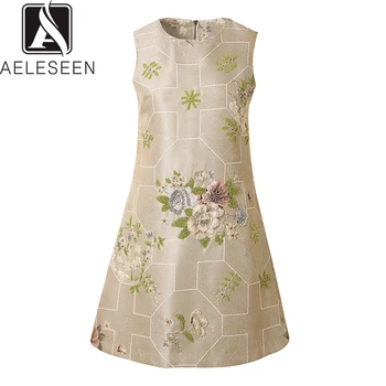 

AELESEEN 2019 New Autumn Sleeveless Above Knee Dresses Women Luxury Beading Holiday Beach Elegant Floral Print Mini Dress