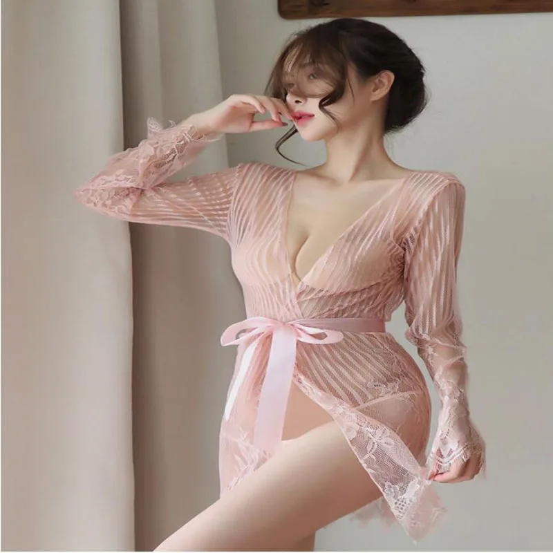 Sexy Lace Nightwear Erotic Lingerie Sleepwear Women See Through Sleep Dress Solid Lace Pajamas Bath Robe Long Nightgown Slips