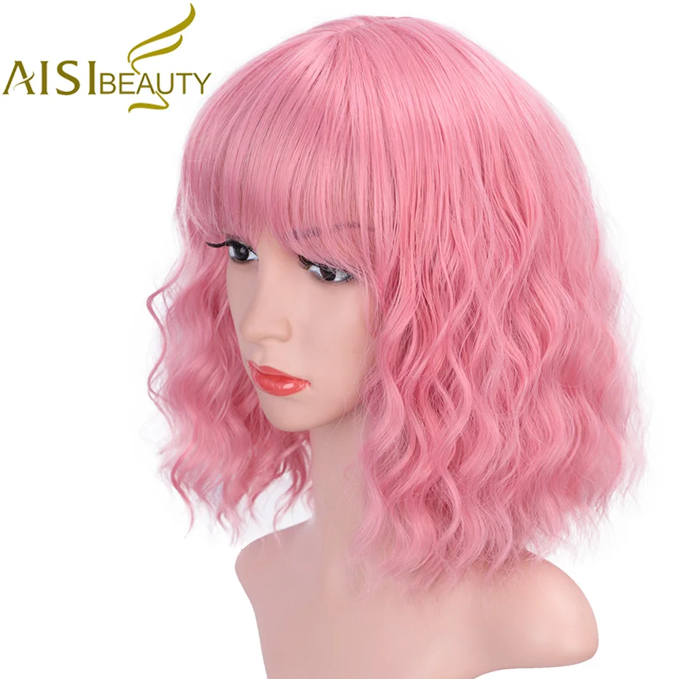 

AISI BEAUTY Short Wig with Bangs 12 inch Water Wave Synthetic Wigs for Women Pink Cute Lolita Cosplay Female Daily False Hair