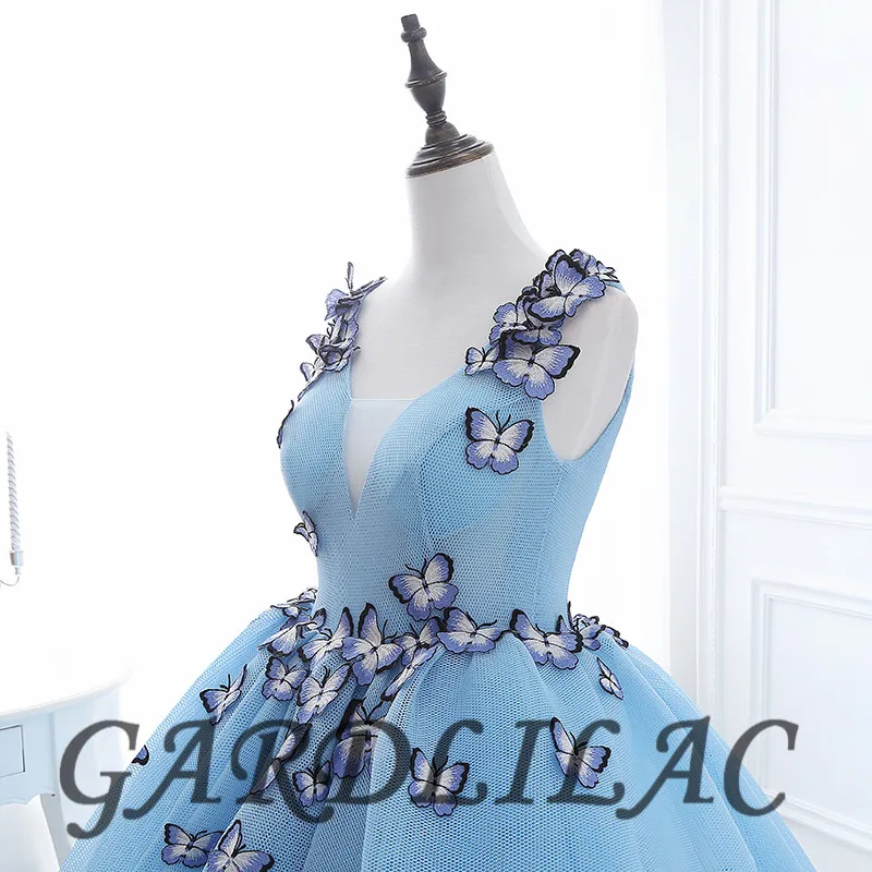Сток V шеи синий Бальные платья Бабочка платье для Бала-маскарада выпускного вечера формальное платье Vestidos De 15 Anos