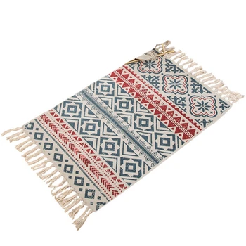 

Retro Bohemian Hand Woven Cotton Carpet Tassel Bedside Rug Geometric Floor Mat Living Room Bedroom Home Decoration-B