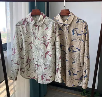 

Leaf Print Womens Silk Cotton Blouse Elegant Long Sleeve Shirt Casual Female Blouses and Tops 2020 New