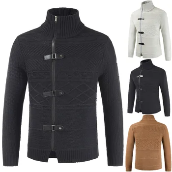 

2019 Autumn New Mens Sweater Knit Cardigans Leather Buckle Decorated Cardigans with Long Sleeves Pullover Sweaters Business