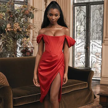 

Off Shoulder Strapless Sexy Women's Dress High Waist Red Short Sleeve Split Female Dresses Spring 2020 Summer Ladies Vestidos