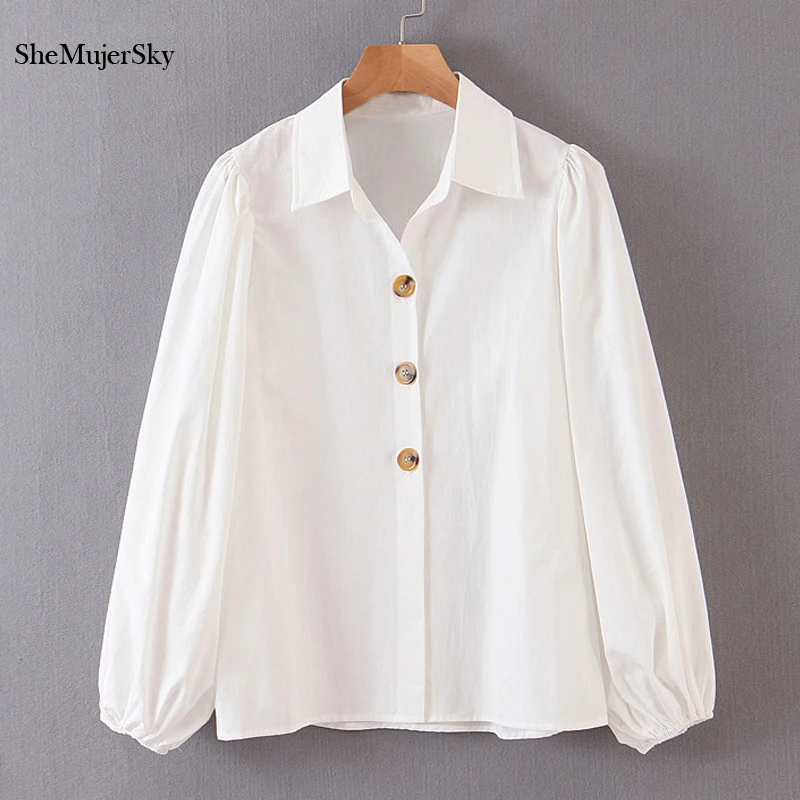 

SheMujerSky Women Vintage Puffle Sleeve Blouse Autumn Long Sleeve Turn-down Collar White Shirts 2019 Tops