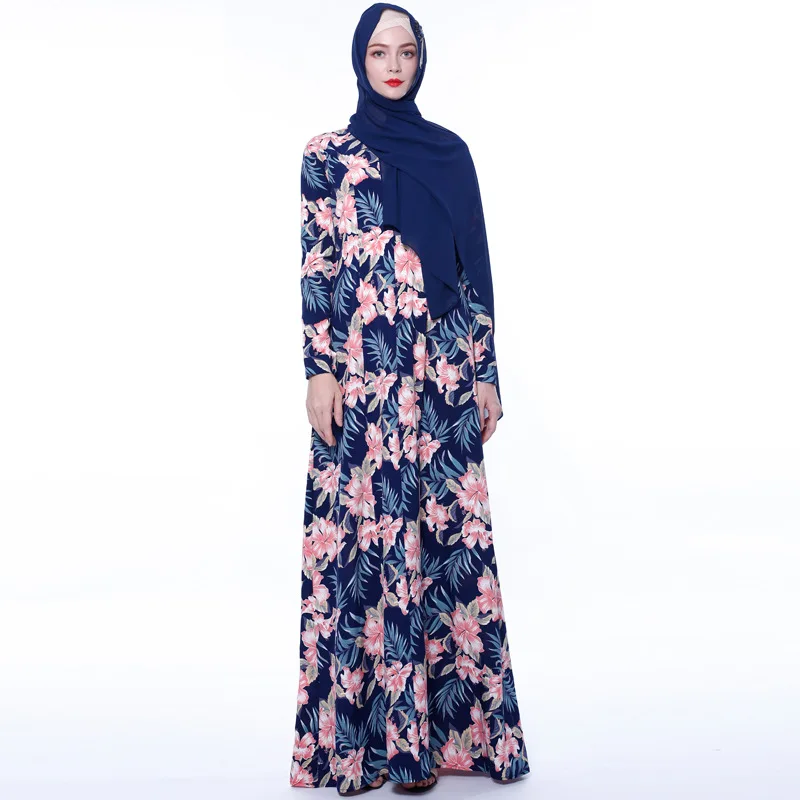 Синий Abayas женская мусульманская одежда с цветочным принтом модные бандажные платья Хиджаб Макси мусульманское платье Бангладеш Кафтан Дубай, Турция Халат - Цвет: Синий