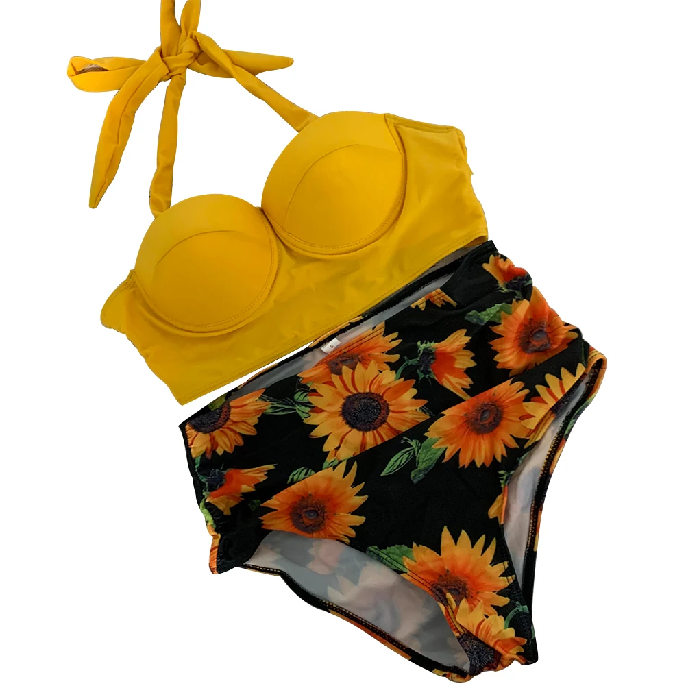 

Women Flower Printed Pattern Bikini Suits Female Swimming Biquini Backless Halter Top and Tight High Waist Thong Split Swimsuit