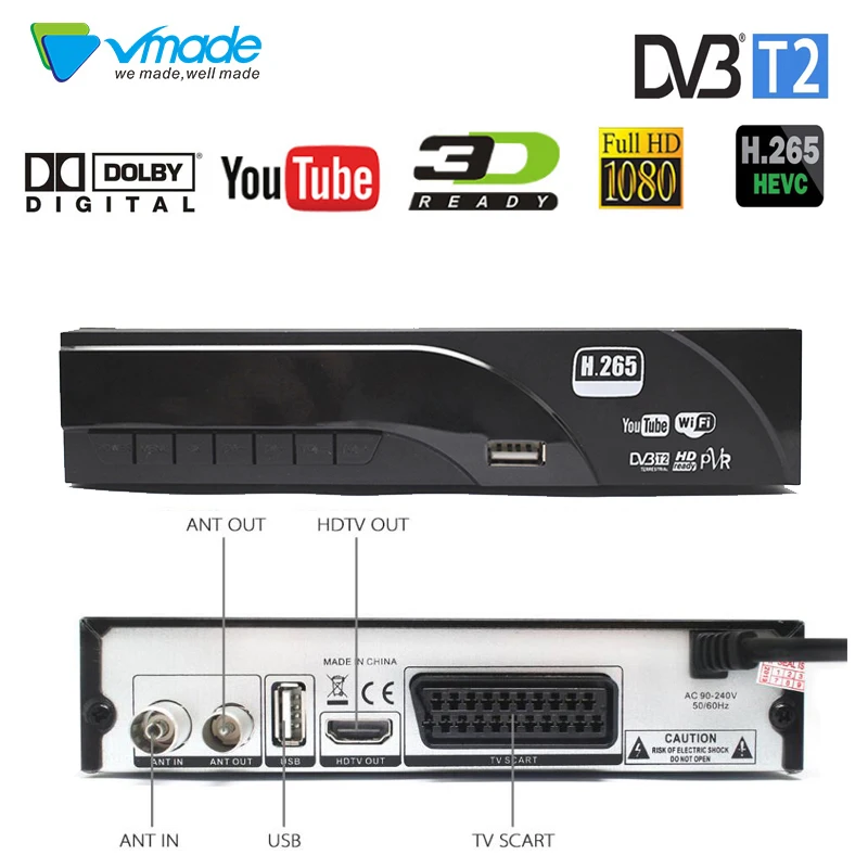 Vmade оригинальная приставка DVB-T2/T HD 1080P цифровой эфирный ТВ приемник Поддержка Встроенный H.265/HEVC Dolby AC3 Youtube ТВ-тюнер