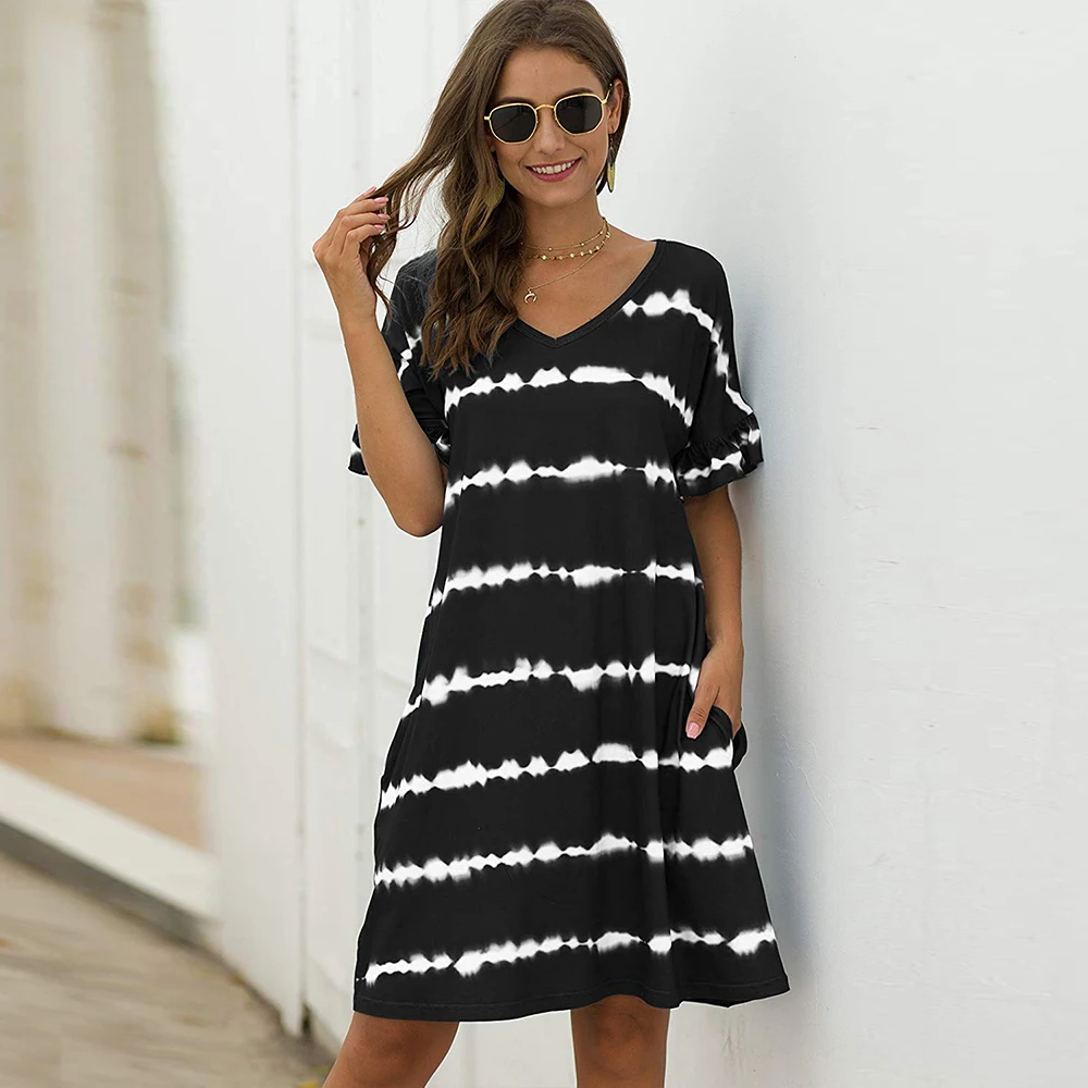 Short Sleeve Ruffle Dress Respctful Women V Neck Button Ruffle Loose Swing Casual Mini Dress