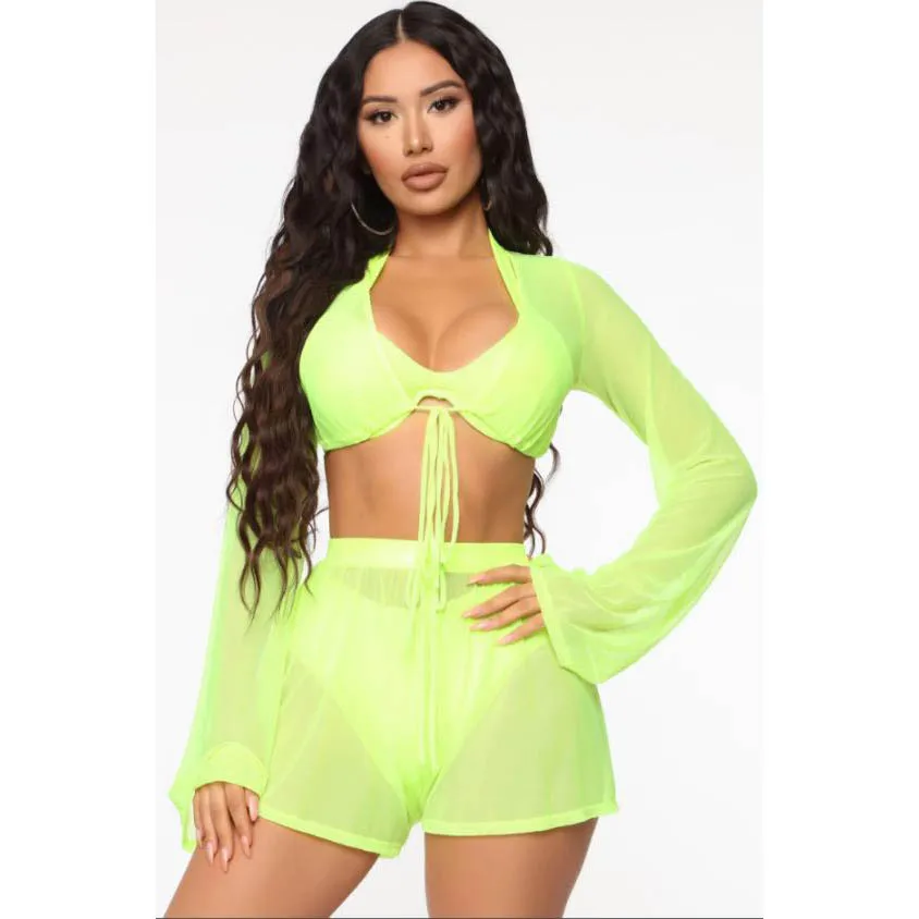 3 piece swimsuit with cover up 2021 Mesh Sheer Bikini Cover Ups 2 Piece Set Women's See Through Swimwear Solid Transparent Crop Tops Shorts Beach Cover Ups sexy swimsuit cover ups Cover-Ups