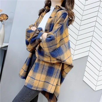 

Vintage Brushed Plaid Shirt 2020 Spring and Autumn New Style Korean-style Shirt Versatile Thick Coat Tops Fashion