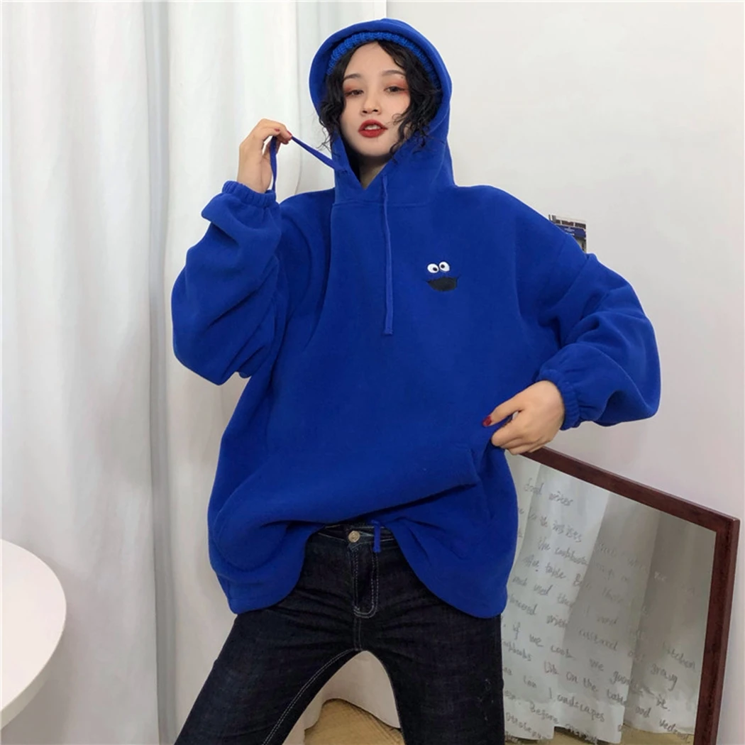 Embroidered Cartoon Hoodies Women Trendy Pockets Loose Sweetshirt Womens Cute Long Sleeve All-Match Lovely Streetwear Female