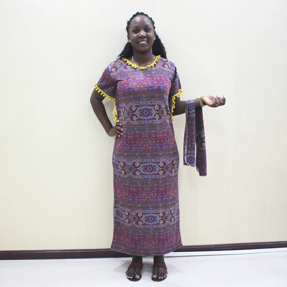 

Vintage Chic Ribbon Trim POMPOMS Chiffon Maxi Dress Women 2019 Fashion O Neck Dresses Casual Vestidos Mujer with scarf