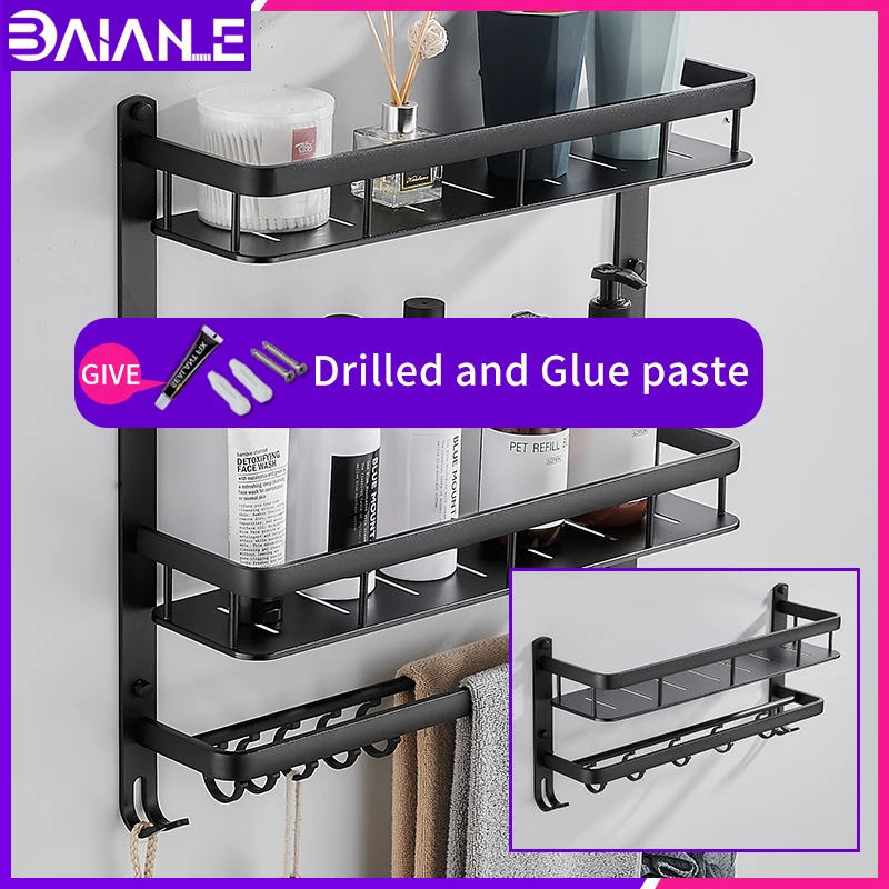 

bathroom shelves towel rack with wall mount three layers shower organizer shampoo glue paste beauty mirror shelf