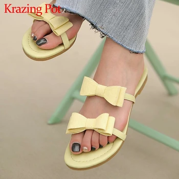 

Krazing pot simple style solid peep toe low heels outside slipper butterfly-knot beauty lady summer vacation slip on shoes L67