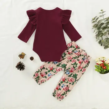 

Pudcoco Newborn Baby Girl Clothes Solid Color Pit Long Sleeve Romper Tops Flower Print Long Pants 2Pcs Outfits Cotton Clothes