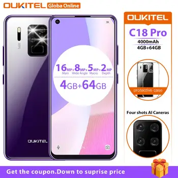 

OUKITEL C18 Pro Smartphone 4GB RAM 64GB ROM Android 9.0 6.55" MT6757 Octa Core Face ID 4000mAh 4 Rear Cameras Mobile Phone