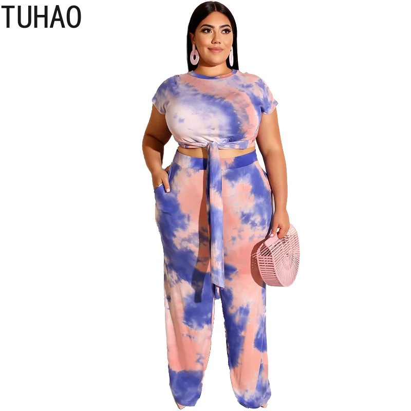 

TUHAO 2020 summer Woman Two Pic Sets Outfits Plus Size 5XL 4XL 3XL Women's Top + Wide Leg Pants Long Two-piece Suit WM77