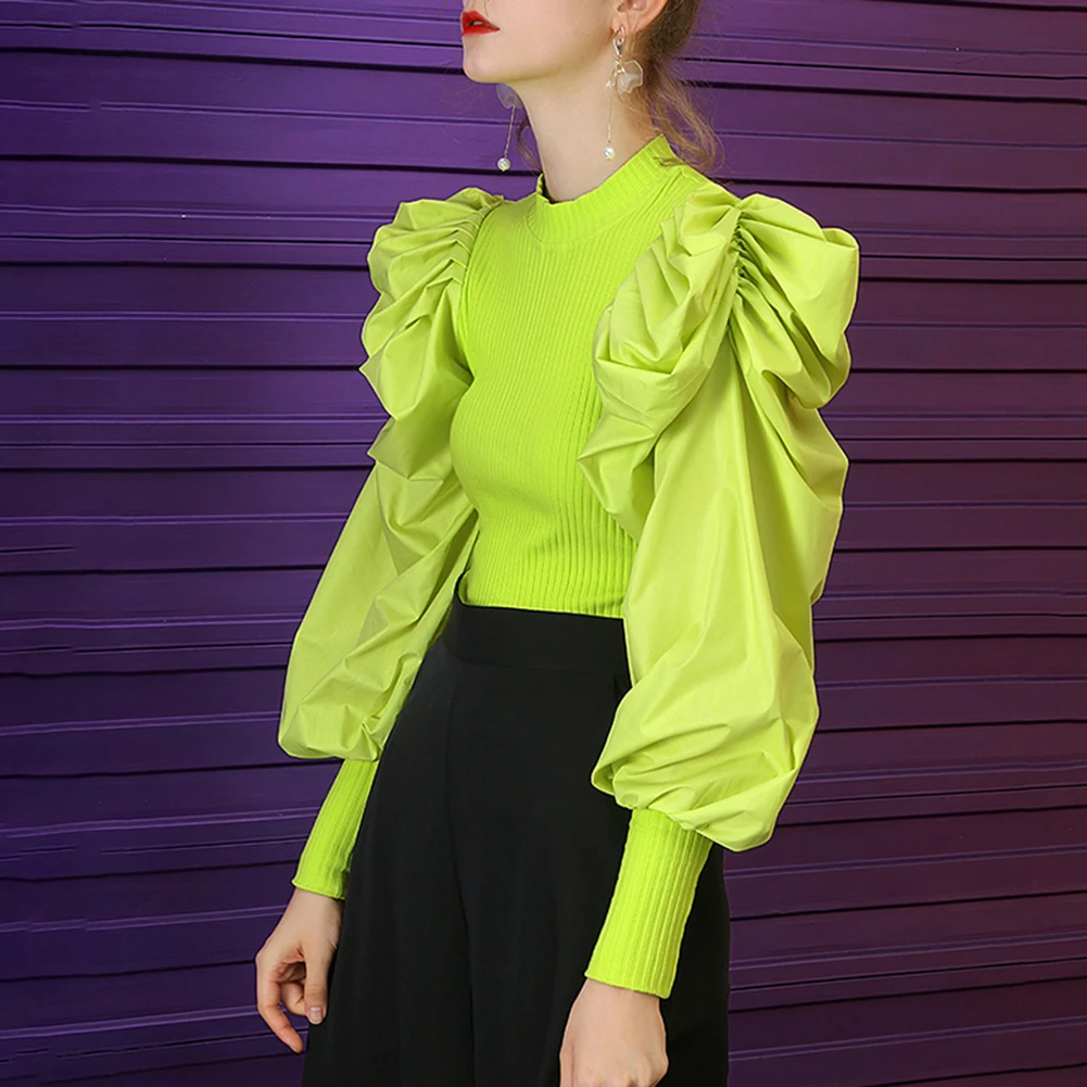 Женские однотонные плиссированные каскадные топы с оборками в стиле пэчворк, вязанная Повседневная блуза с длинным рукавом, стиль дворца, темперамент, Ниша, дизайн - Цвет: Green