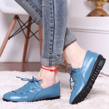 

2020 New Arrival Women Shoes Spring Lace-Up Pleated Genuine Leather Flats Shoes Woman Soft Bottom Loafers Shoes Tenis Feminino