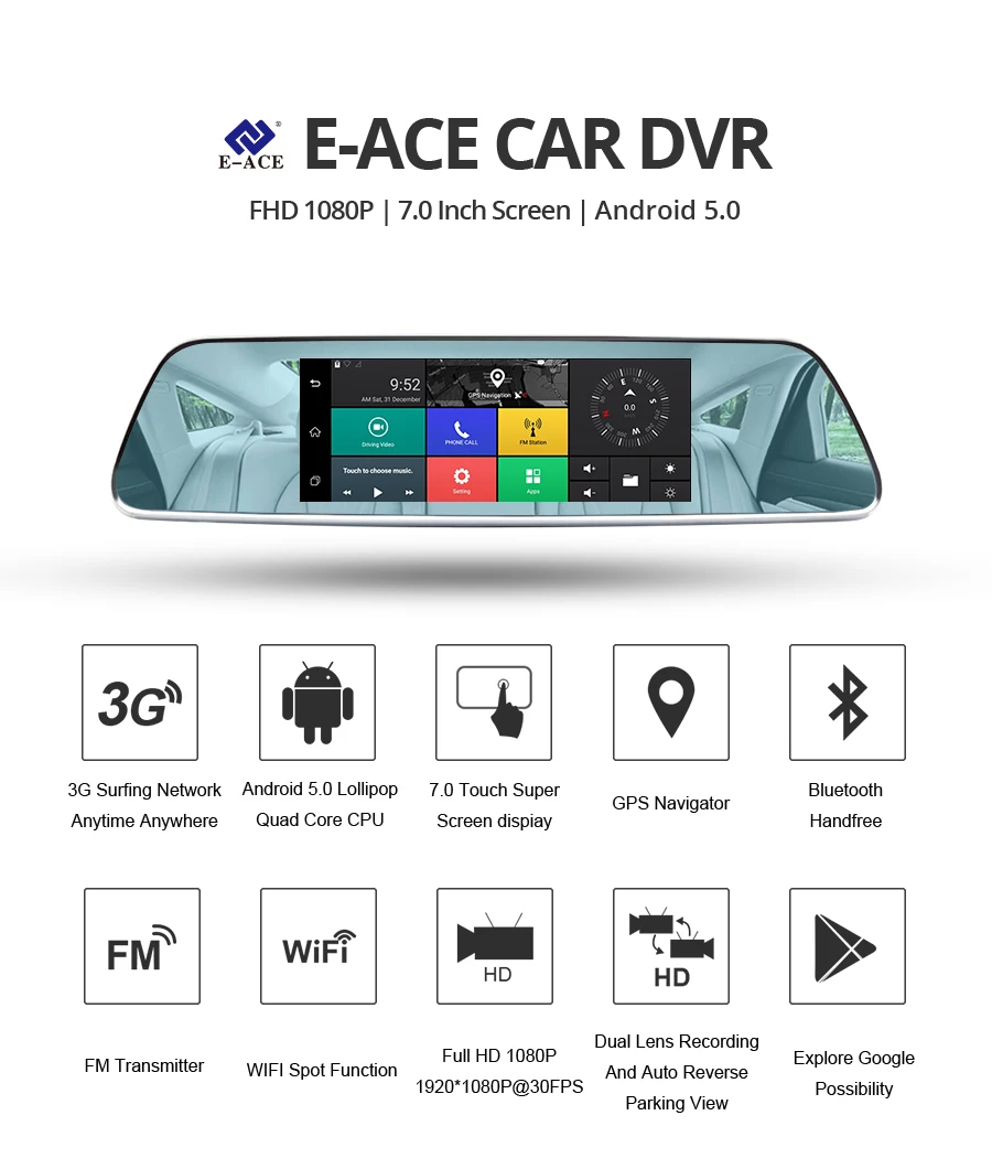 E-ACE 3 г Автомобильные видеорегистраторы 7 дюймов touch зеркало заднего вида Камер Android 5.0 GPS Bluetooth Handfree WI-FI FHD 1080 P 16 г видеомагнитофон