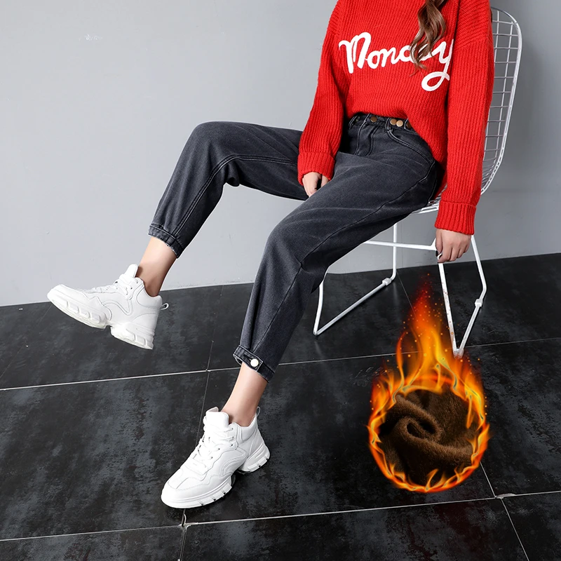 Fleece grey Осенние зимние джинсы женские толстые теплые флисовые джинсы с высокой талией Джинсы бойфренда для женщин повседневные Мешковатые Свободные джинсовые шаровары брюки - Цвет: Fleece grey