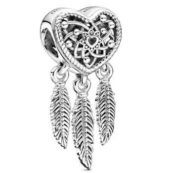 

New 925 Sterling Silver Bead Charm Openwork Heart & Three Feathers Dreamcatcher Pendant Beads Fit Original Bracelet Diy Jewelry