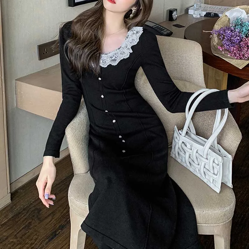 2020 Dress Autumn Winter Long Sleeve For Women Lace Stitching Square Collar Slim Dress Korean French Elegant Party Knitted Dress