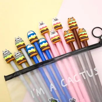 

12Pcs/pack Korean Cute Kawaii Hamburger Cat Totoro Rabbit Bear Gel Pens Blue Ink Stationery School Thing Supply Pencil Case Bag