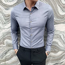 Высококачественная Мужская нарядная рубашка с длинным рукавом, мужская приталенная деловая официальная блуза, модная повседневная Весенняя синяя одежда
