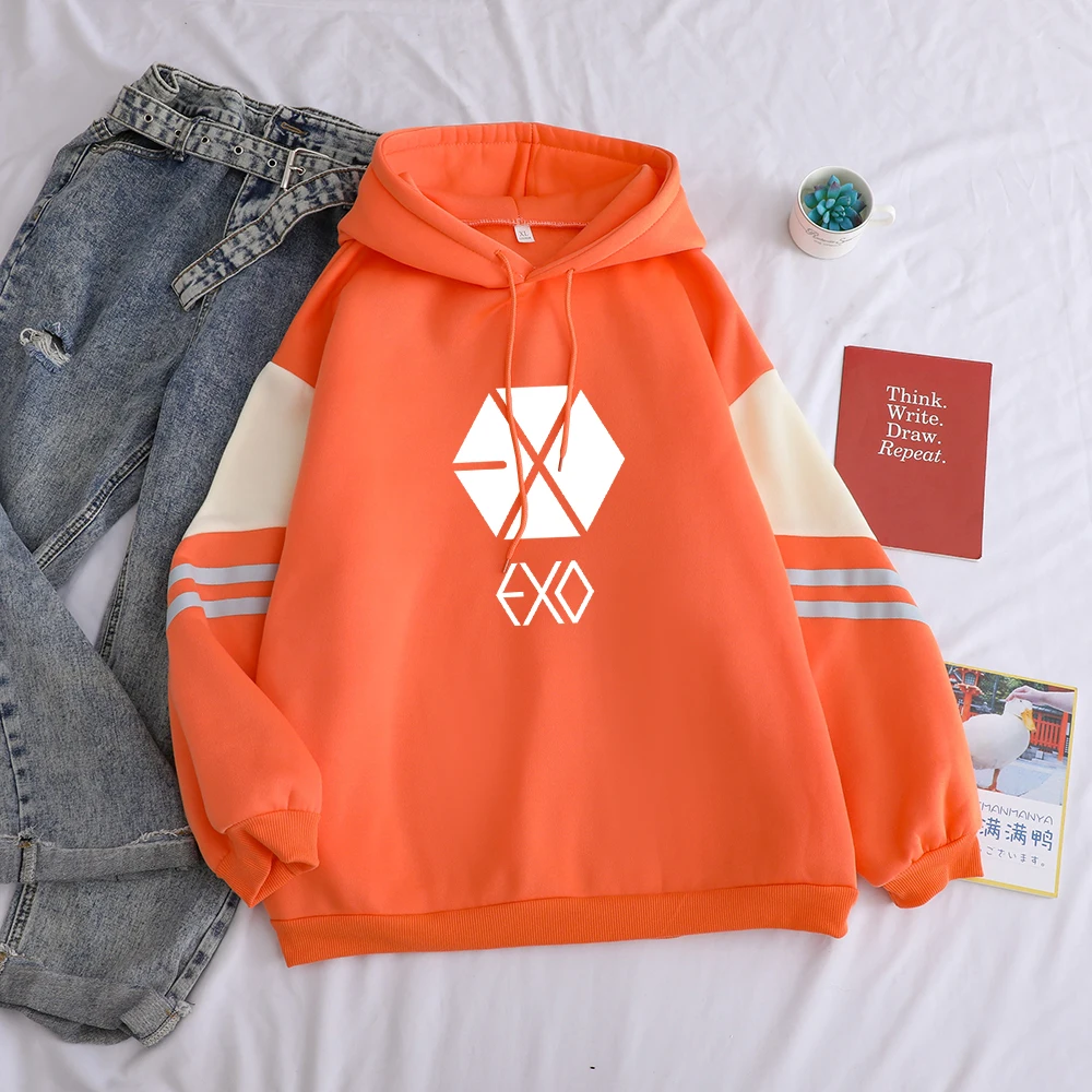 Orange EXO толстовка женская с принтом осень зима женские повседневные свободные толстовки с длинным рукавом Kpop уличная хип хоп одноцветная флисовая толстовка - Цвет: Orange