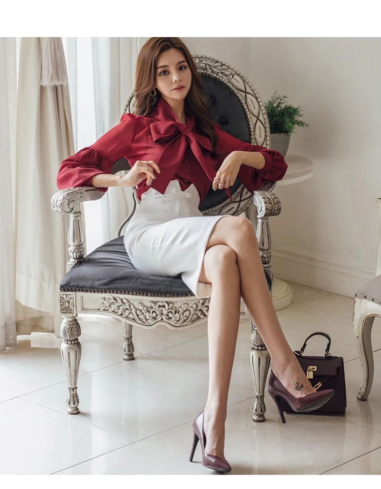 H Han queen/женский осенний винтажный комплект одежды года, новые шифоновые блузки с рукавом-фонариком и белым облегающим обтягиваюшие юбки, юбка-карандаш